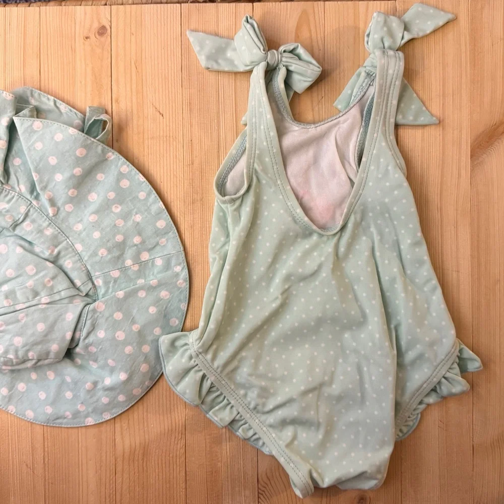 Gymboree Baby Swimsuit Hat Set 0-3M Aqua Polka Dot Fish Beach Swimwear